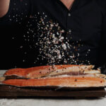 Grilled Salmon with Garlic Mushroom and Lentil Salad